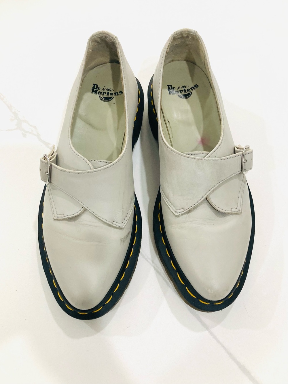 Dr. Martens Agnes Gray Off-White Leather Mary Jane Loafers with Yellow Stitching